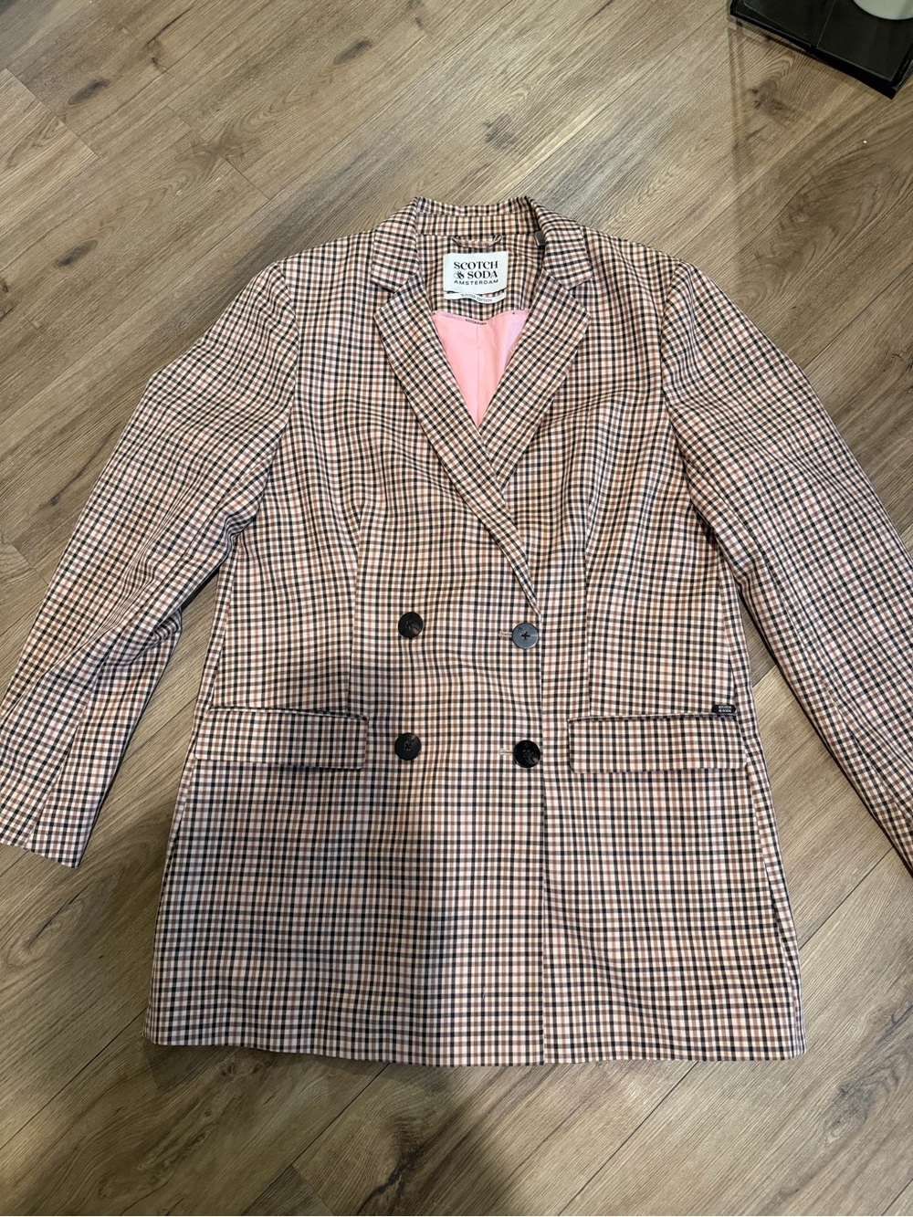Scotch & Soda Pink and Brown Checked Double-Breasted Blazer